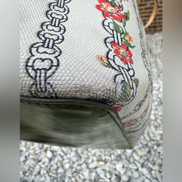 Tory Burch Ella Printed Canvas Tote Bag Floral Green Leather Straps - Picture 8 of 12